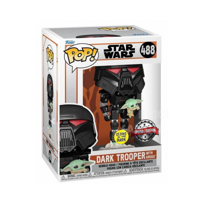 Star Wars Mandalorian - Figurine POP N° 488 - Dark Trooper avec Grogu Edition Spéciale GITD