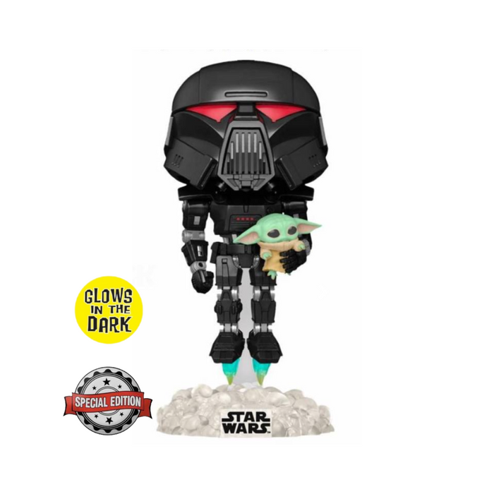 Star Wars Mandalorian - Figurine POP N° 488 - Dark Trooper avec Grogu Edition Spéciale GITD